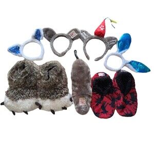 Great Wolf Lodge Kid's Youth 4-6 Slippers-clip On Wolf Tail-4 headbands Bundle